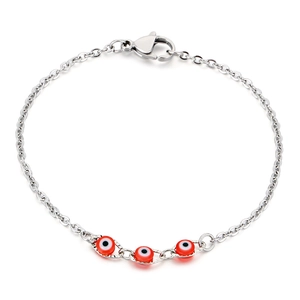 Sleek stainless steel chain bracelet featuring three red evil eye charms on white background