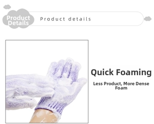 Detailed view of purple exfoliating bath glove creating thick white soap lather