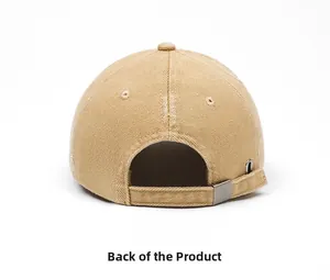 Back view of khaki distressed cotton baseball cap showing metal buckle and frayed edges