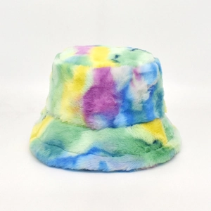 Close-up of colorful tie-dye faux fur texture on a thick plush bucket hat for winter