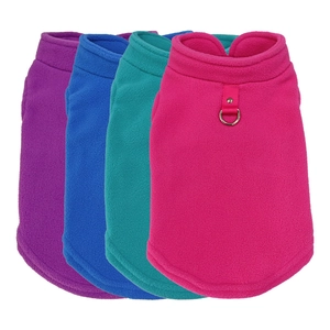 Thick warm fleece pet vest in four colors with integrated metal D-ring for leash attachment