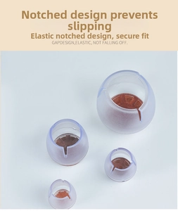 Detail view of transparent silicone chair leg protectors with felt pads and slit design