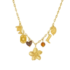 Vintage gold-plated charm necklace with acrylic heart, boots, and musical instrument charms