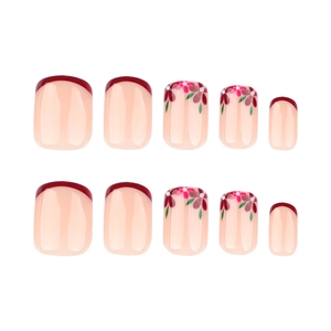 Short square press on nails with red French tips and elegant pink floral patterns