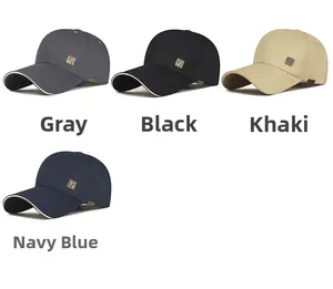 Detail view of cotton baseball caps in grey, black, khaki, and navy blue with metal plates