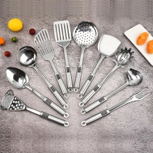 Flat lay of a 9-piece stainless steel kitchen tool set on a grey marble surface