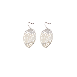Silver hollow leaf tassel drop earrings with sleek metallic finish on white background