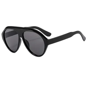Oversized black shield sunglasses with one-piece lens and thick frame for women