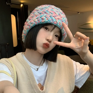 Colorful chunky knit beanie hat in pink blue and yellow for women winter street style