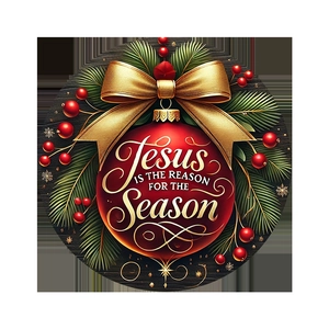 Detail view of round Christmas door sign with Jesus Is The Reason For The Season slogan