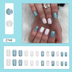 Aurora white and glitter blue square press-on nails with rhinestone accents 24pcs set