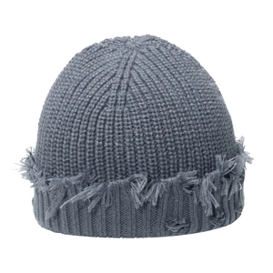 Close-up of grey ribbed knit beanie with distressed frayed edges and destroyed details
