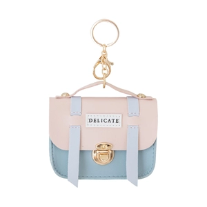 Mini Cambridge-style coin purse keychain in pink and blue leather with gold hardware