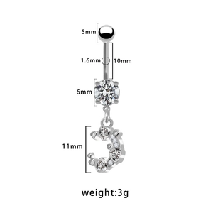 Dimensions détaillées du piercing de nombril en acier avec cœur en zircone clair