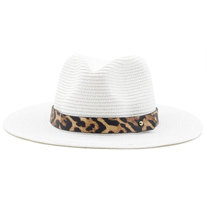 White woven wide brim fedora hat with leopard print band and golden buckle detail