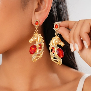 Vintage Horse Head Drop Earrings With Silver Earring Post Alloy Rhinestone Artificial Gemstone Luxury Court Jewelry For Women