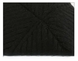 Macro shot of precise radial stitching and knit texture on top of a black winter beanie