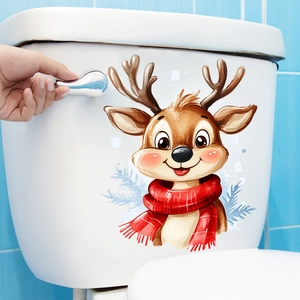 Christmas reindeer wall sticker with red scarf and snowflakes for bathroom toilet decor