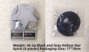 Weight and packaging details of 8pcs black silver star hanging swirl party decorations