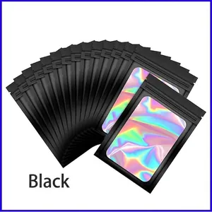 Black holographic laser resealable bag with clear window and iridescent finish