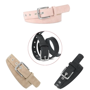 Matte PU leather belts for women with vintage square buckles and double grommet details
