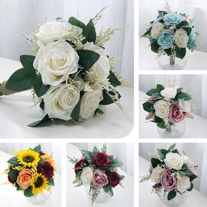 Artificial rose wedding bouquet with burlap handle and assorted realistic floral colors