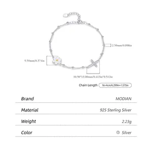 925 sterling silver beaded bracelet featuring a daisy charm and zircon cross pendant