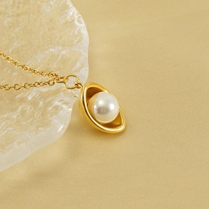 18k gold plated stainless steel necklace with round white pearl pendant on champagne silk
