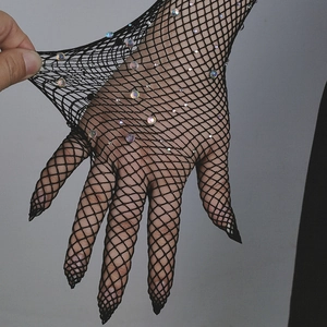 Guanti lunghi a rete neri con strass scintillanti e alta elasticità per look da discoteca