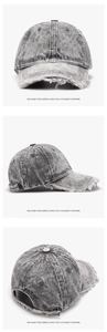 Detailed views of grey washed denim baseball cap with distressed edges and metal buckle