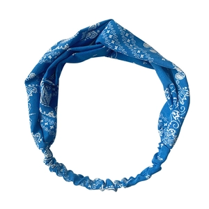 Royal blue bandana print wide knot headband with elastic back for women