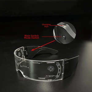 Detail of cyberpunk LED glasses showing the USB charging port and power switch button