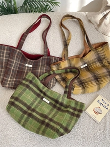 Women Large Capacity Tote Bag Suede Woolen Plaid Shoulder Bag Retro Embroidery Letter Handbag Vintage Casual Travel Bag
