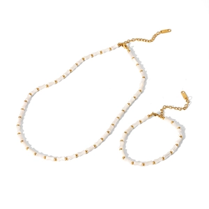 French vintage bamboo necklace and bracelet set with natural shell beads and gold plating
