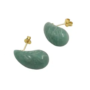 Natural green stone teardrop stud earrings with gold plating and butterfly back closure