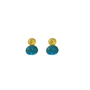 Elegant silver needle stud earrings featuring yellow discs and blue translucent gourd beads