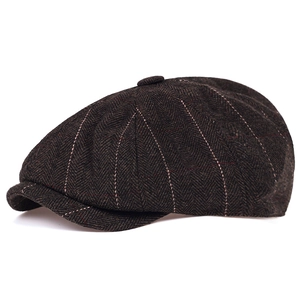 Classic dark brown herringbone newsboy cap with wool octagonal panels for autumn and winter