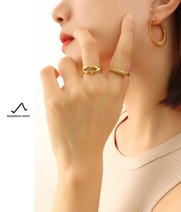 Detail of gold-plated stainless steel spring-coil hoop earrings and ring on a model