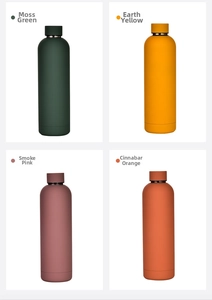 Detail showing 750ml matte finish stainless steel bottles in four elegant earth-tone colors