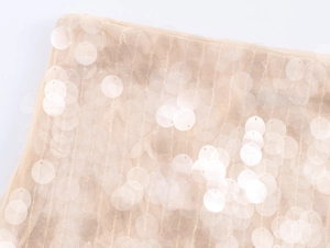 Dettaglio macro di decorazioni di paillettes su tessuto a rete per gonna donna