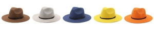 Detailed flat lay of woven straw fedora hats in five vibrant colors with black bands