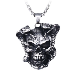 Punk style stainless steel skull pendant with twin cobras design on a silver chain