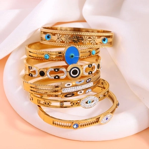 Evil Eye Bangle Stainless Steel Gold Plated Enamel Rhinestone Retro Jewelry Vintage Open Cuff Bracelet For Women