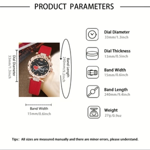 Detailed product parameters of red strap watch with black dial and love heart pattern