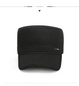 Front view of black flat top military cap with twill wool fabric and side metal logo