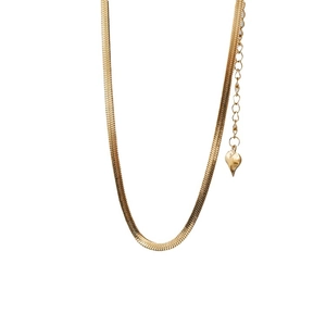Elegant gold flat snake bone chain necklace with heart pendant and extension chain