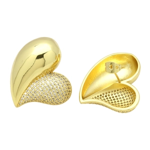 18K gold plated heart stud earrings with white zircon stones on white background
