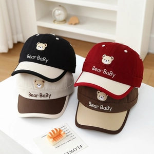 Kids baseball cap with bear embroidery and breathable cotton fabric in four colors