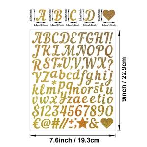 Detail view of 1-inch gold glitter alphabet and number stickers with size measurements