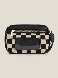 Detail of checkered pouch with transparent card slot and golden zipper accents